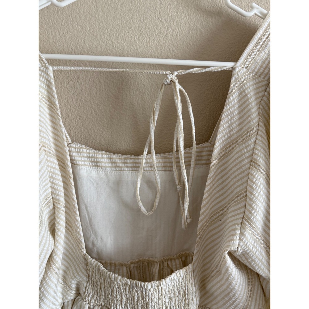 Free People Striped Babydoll Mini Dress Tan Cream Puff Sleeve Smocked Back M - Picture 6 of 8
